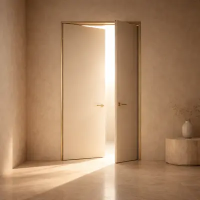 Ușă minimalistă întredeschisă cu lumină caldă dincolo de prag, simbol al limitelor sănătoase și al alegerii conștiente.