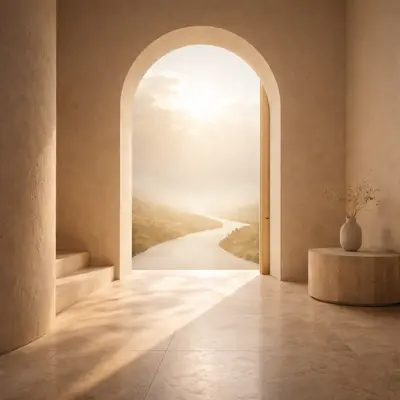 Deschidere arhitecturală minimalistă cu lumină caldă și drum care se conturează în depărtare, simbol al alegerii conștiente și al direcției asumate.