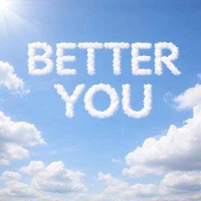 Mesajul Better You scris pe cer cu nori simbolizând transformarea personală și claritatea deciziilor prin business coaching