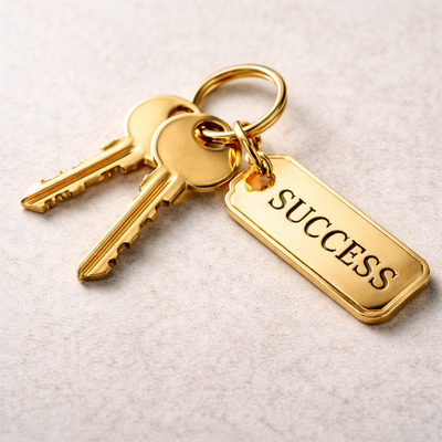 Chei cu breloc inscripționat SUCCESS simbolizând responsabilitatea deciziilor finale în business coaching pentru antreprenori și lideri